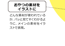 おやつの素材をイラストに どんな素材が使われているか、パッと見てすぐわかるように、メインの素材をイラストで表現。